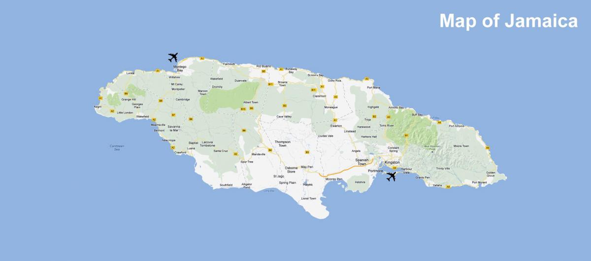 χάρτης της τζαμάικα αεροδρόμια και τουριστικά θέρετρα