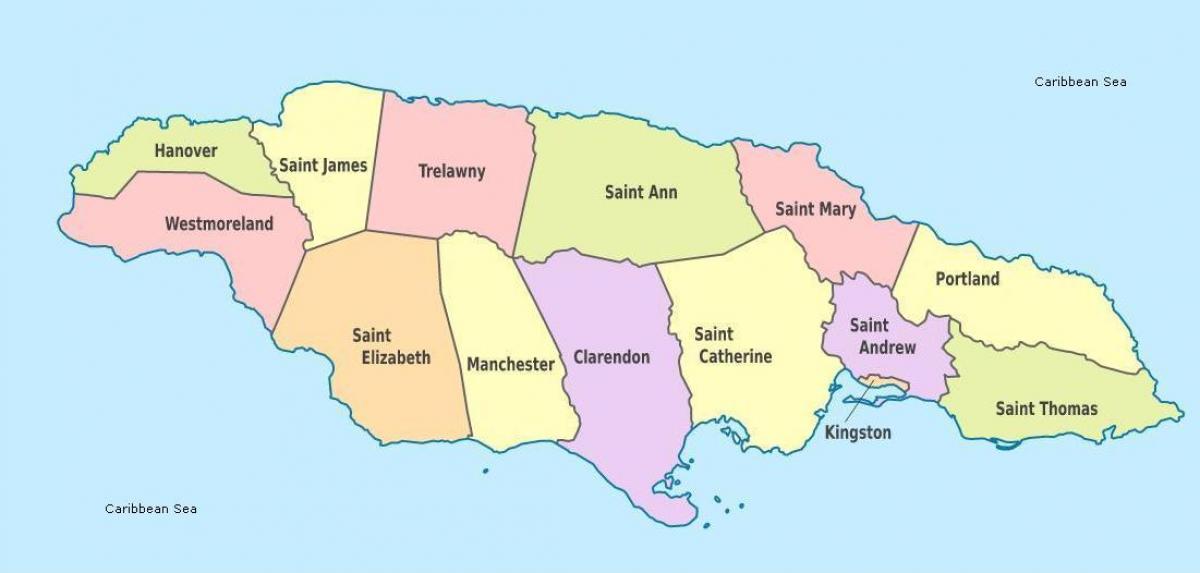 ένα χάρτη της τζαμάικα με ενορίες και πρωτεύουσες
