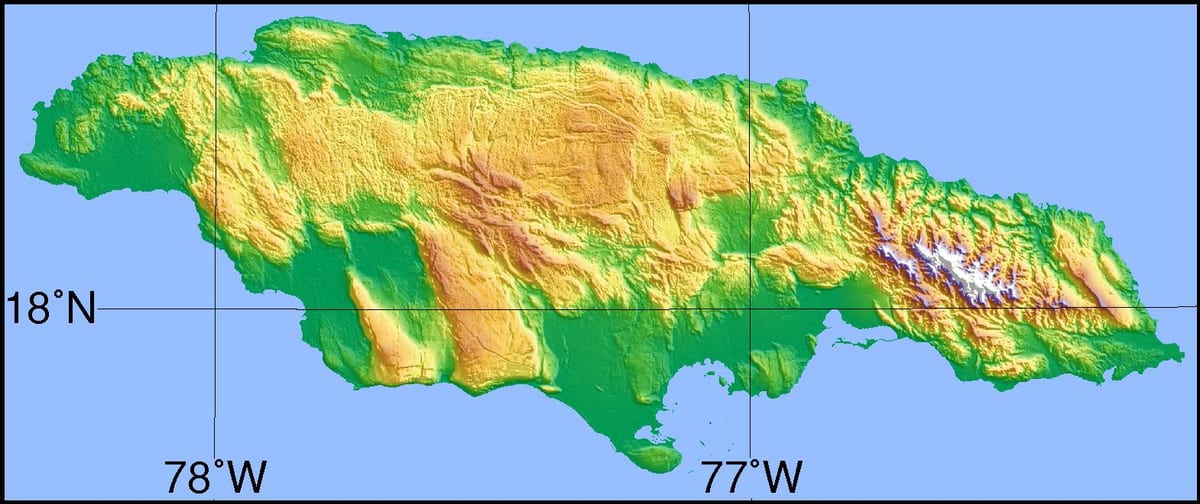 χάρτης της τζαμάικα εμφάνιση βουνά, πεδιάδες και κοιλάδες