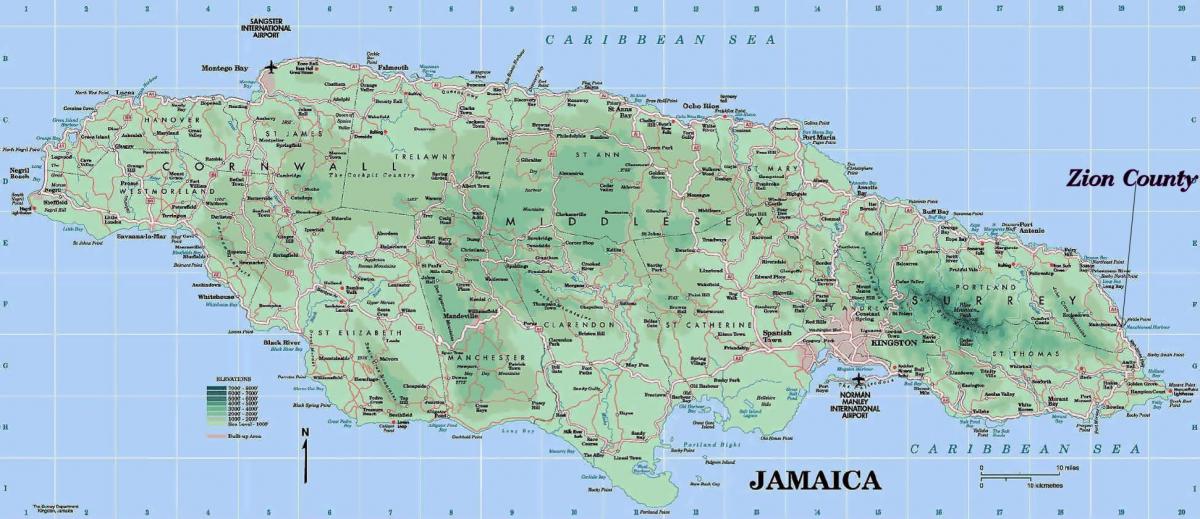 φυσική χάρτη της τζαμάικα εμφάνιση βουνά