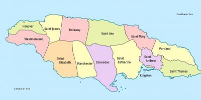 Ένα χάρτη της τζαμάικα με ενορίες και πρωτεύουσες
